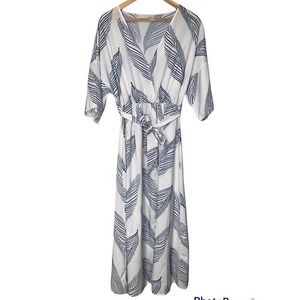 Tropical White & Blue Feather Print Maxi Cover Up Dress - S